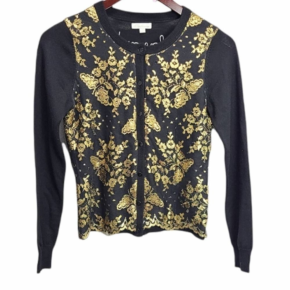 Thoshanna‎ Sweater Merino Wool Black/Gold Cardigan Size Small